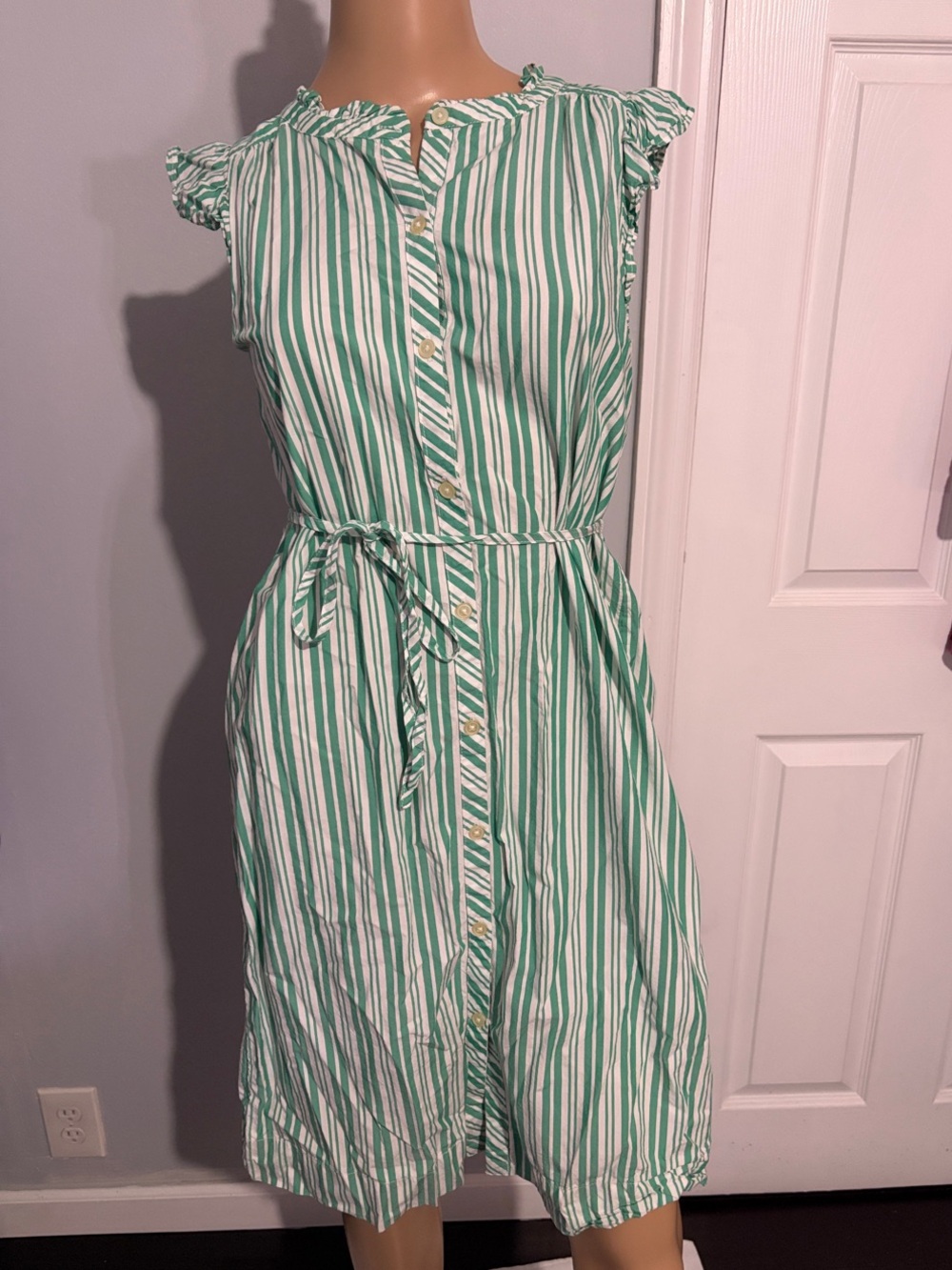 LOFT Green and White Striped Button-Front Midi Dress